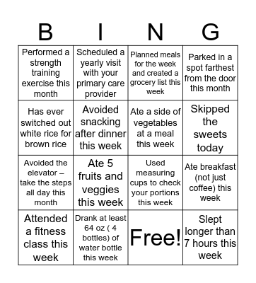 Healthy Living Bingo Card