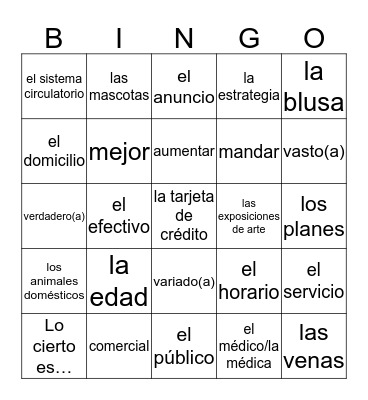 Spanish 3 Quarter 3 Exam Study Guide Vocab Bingo Card