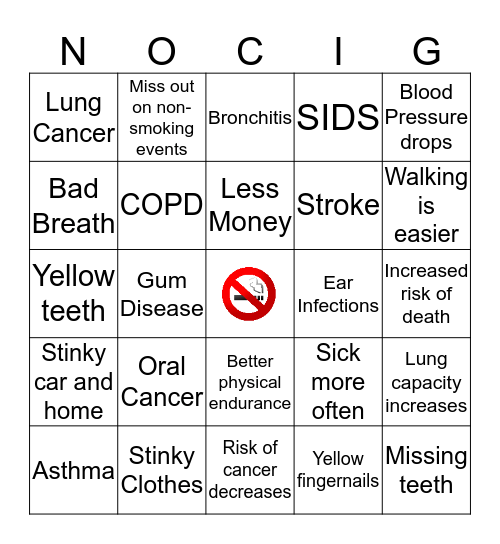 Smoking Cessation Bingo Card