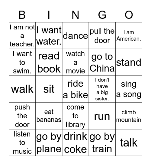 action verbs Bingo Card