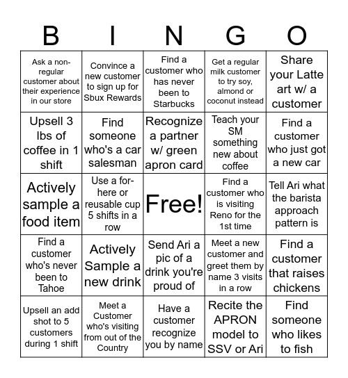 Barista Bingo Card