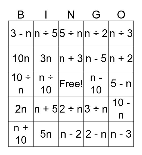 Algebraic Expression Bingo! Bingo Card