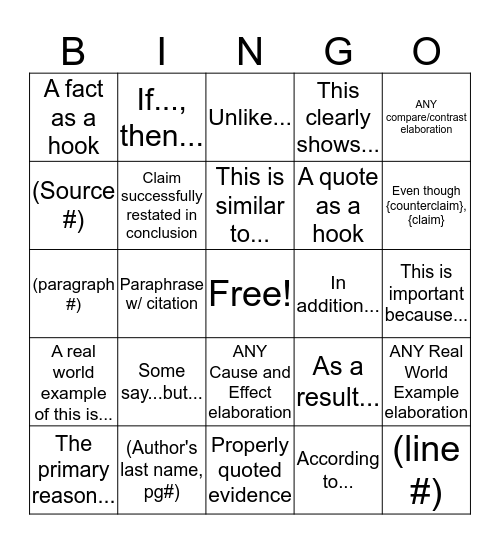 Writing Review BINGO Card