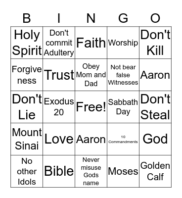 10 Commandments Bingo Card