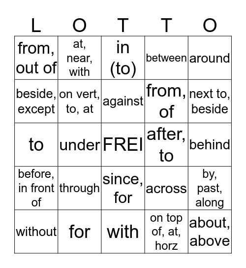 Preposition Meanings Bingo Card