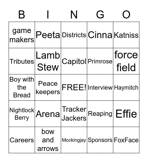 Hunger Games Bingo Card