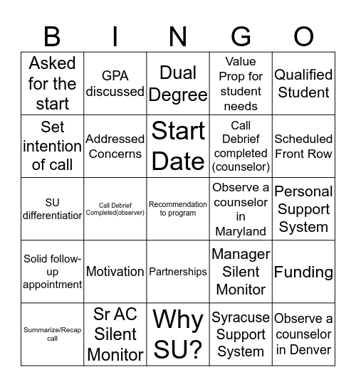 Syracuse Silent Monitor Bingo Card