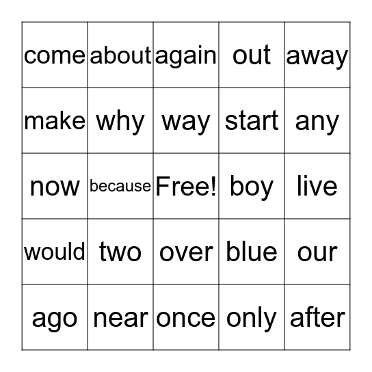 Sight Words Bingo Card