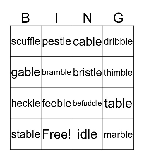 Consonant +Le Bingo Card