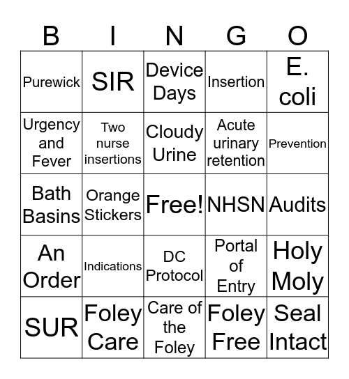 CAUTI Prevention Bingo Card