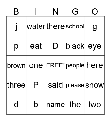 Sight words Bingo Card