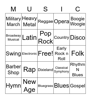 MUSIC STYLE BINGO  Bingo Card