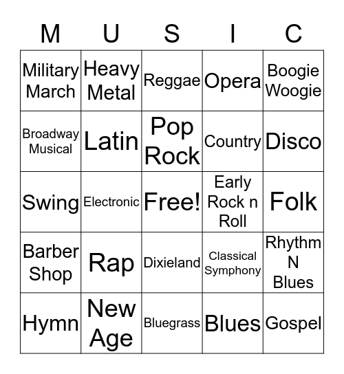 MUSIC STYLE BINGO  Bingo Card