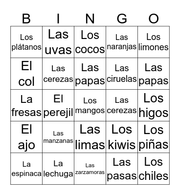 Fruits and Veggies Vocab.  Bingo Card