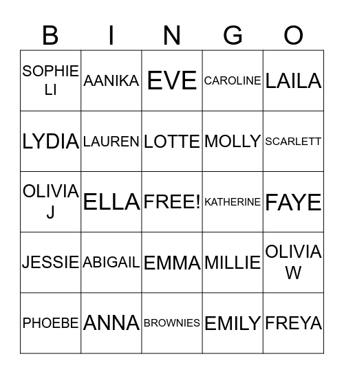BROWNIES Bingo Card