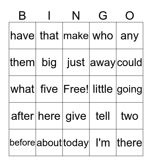 First Grade Sight Words Bingo Card