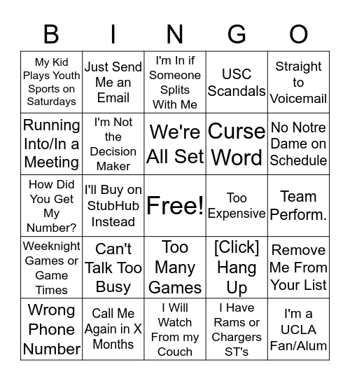 Season Ticket Objection Bingo Card