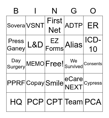 Patient Access Bingo Card