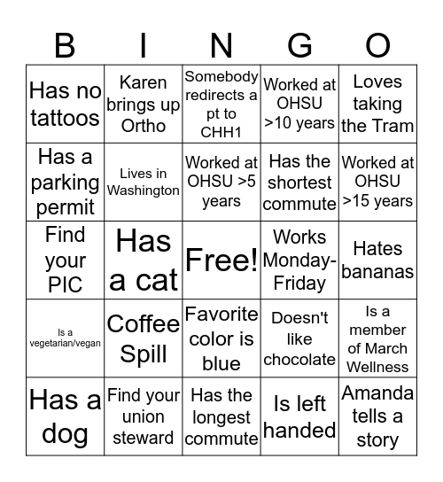 Boot Camp Bingo Card