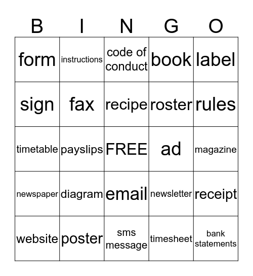 Types of texts  Bingo Card