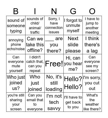 Dial in meeting / class Bingo Card