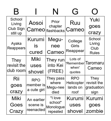 Gakkou Gurashi Final Arc Bingo Card