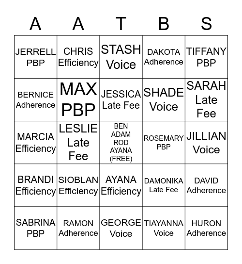 AATB'S BINGO CARD Bingo Card