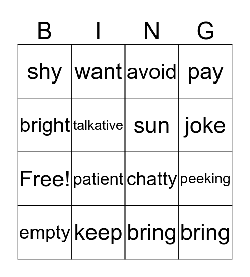 Midterm Exam Vocabulary Bingo Card