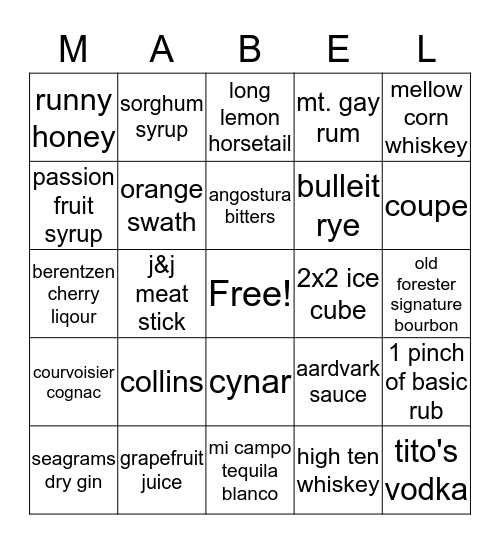 Cocktail Bingo Card