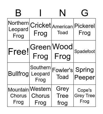 Frogs and Toads of Ohio Bingo Card