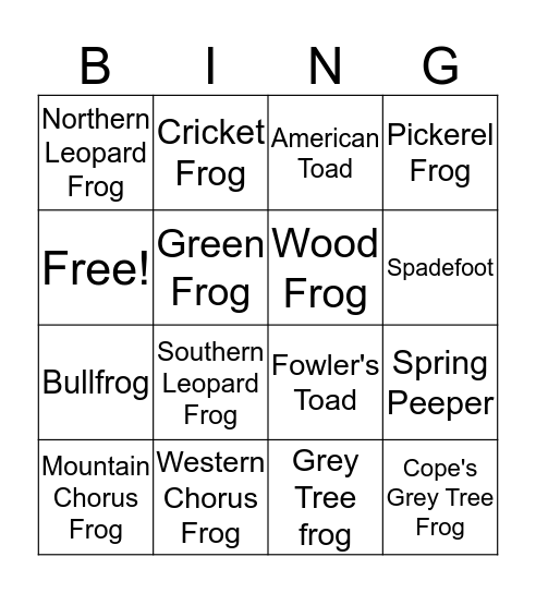 Frogs and Toads of Ohio Bingo Card