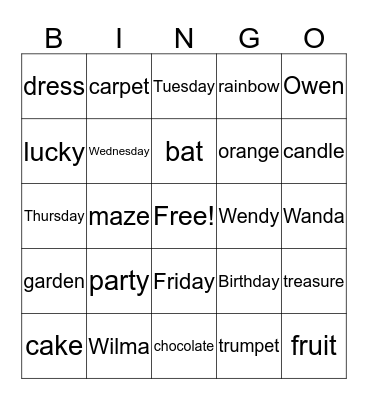 Winnie Bingo Card