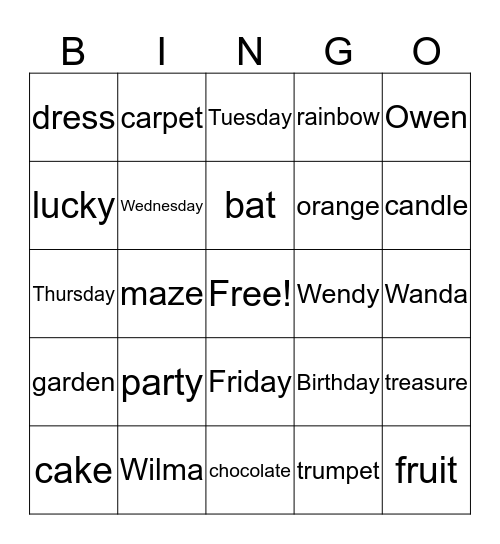 Winnie Bingo Card