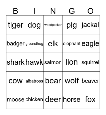 Animals Bingo Card