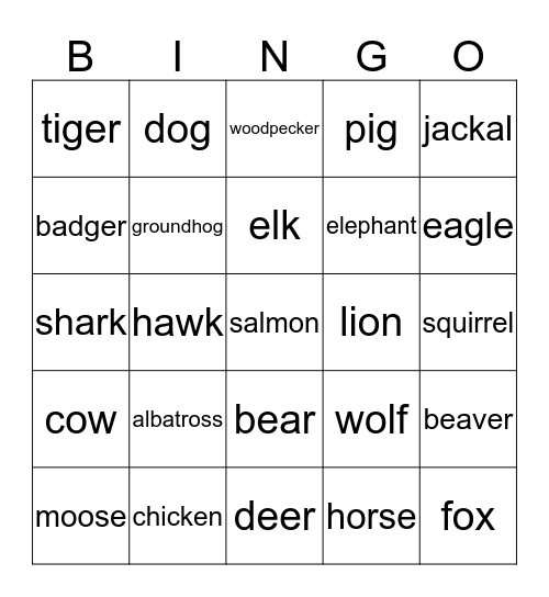 Animals Bingo Card