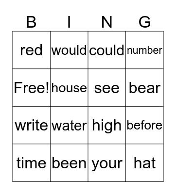 sight word bingo Card