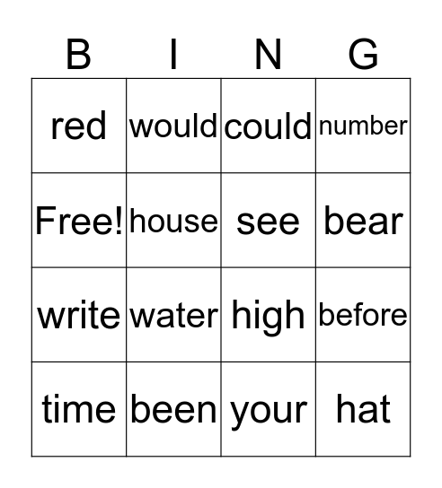 sight word bingo Card