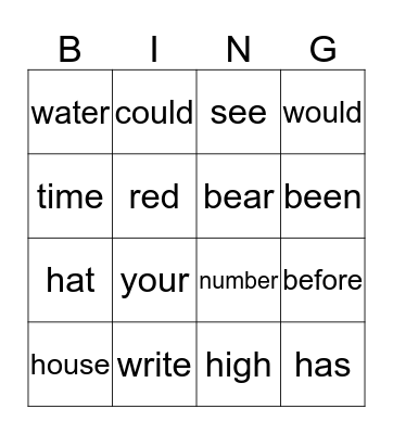 sight word bingo Card