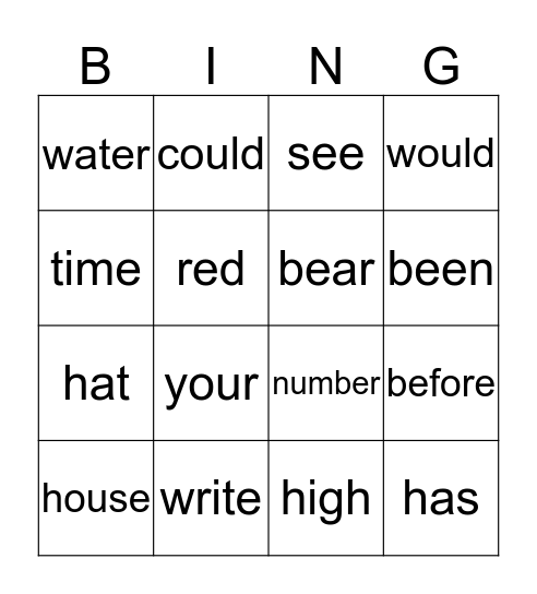 sight word bingo Card