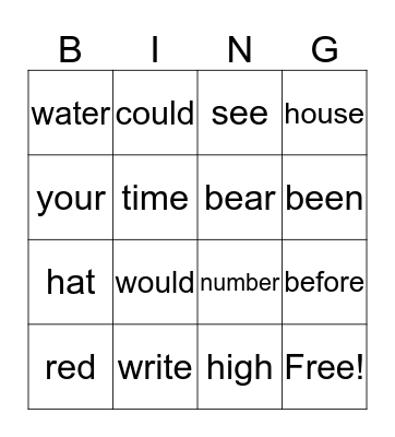 sight word bingo Card