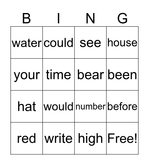 sight word bingo Card