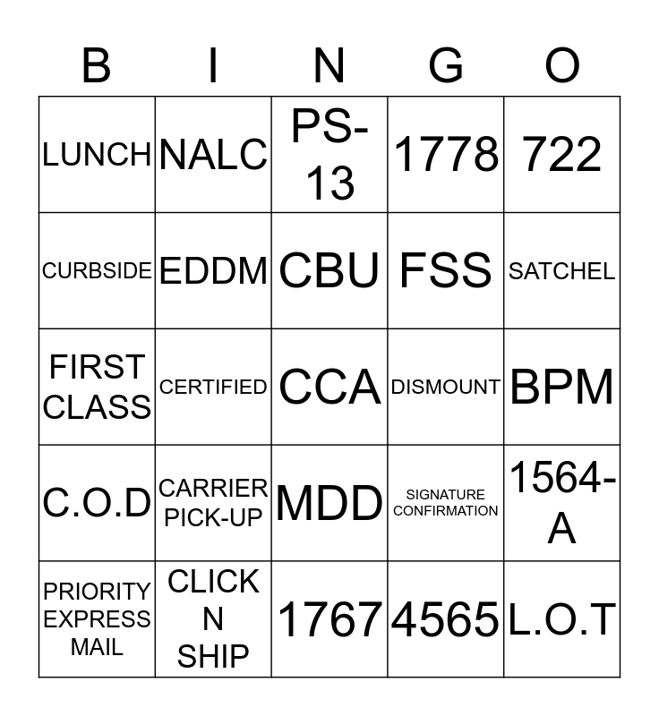 POSTAL BINGO Card
