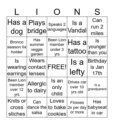 Boise Host Lions Bingo Card