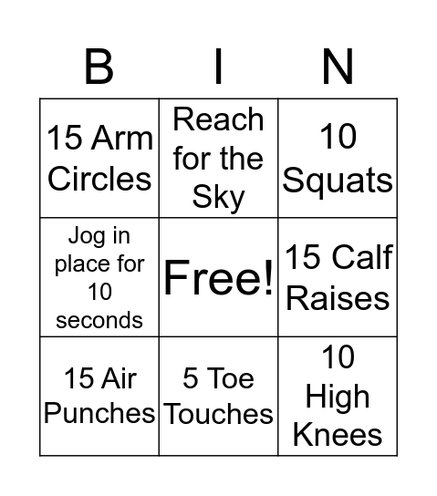 Fitness Bingo Card