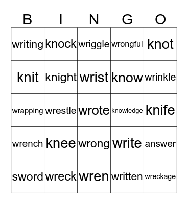 Silent letters - k / w Bingo Card