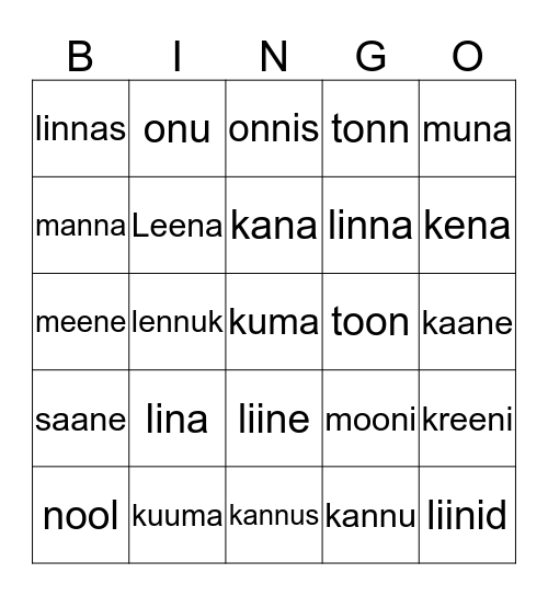 N hääliku pikkused Bingo Card