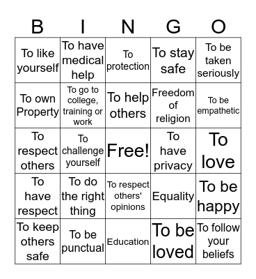 Rights and Responsibilities Bingo Card