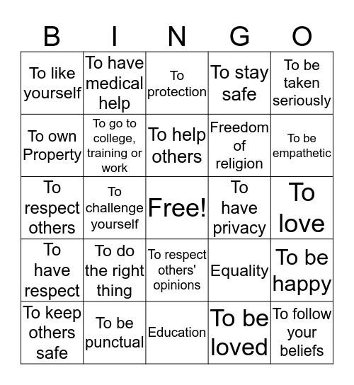 Rights and Responsibilities Bingo Card