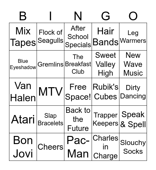 80's Nostalgia Bingo Card