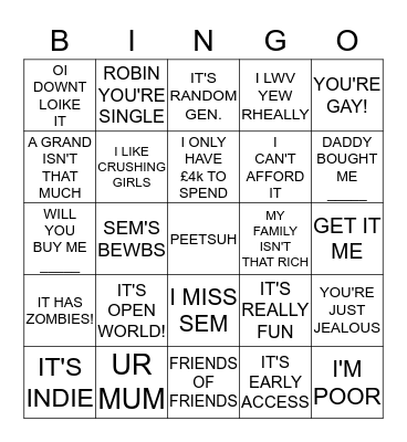 Rob Bingo Card